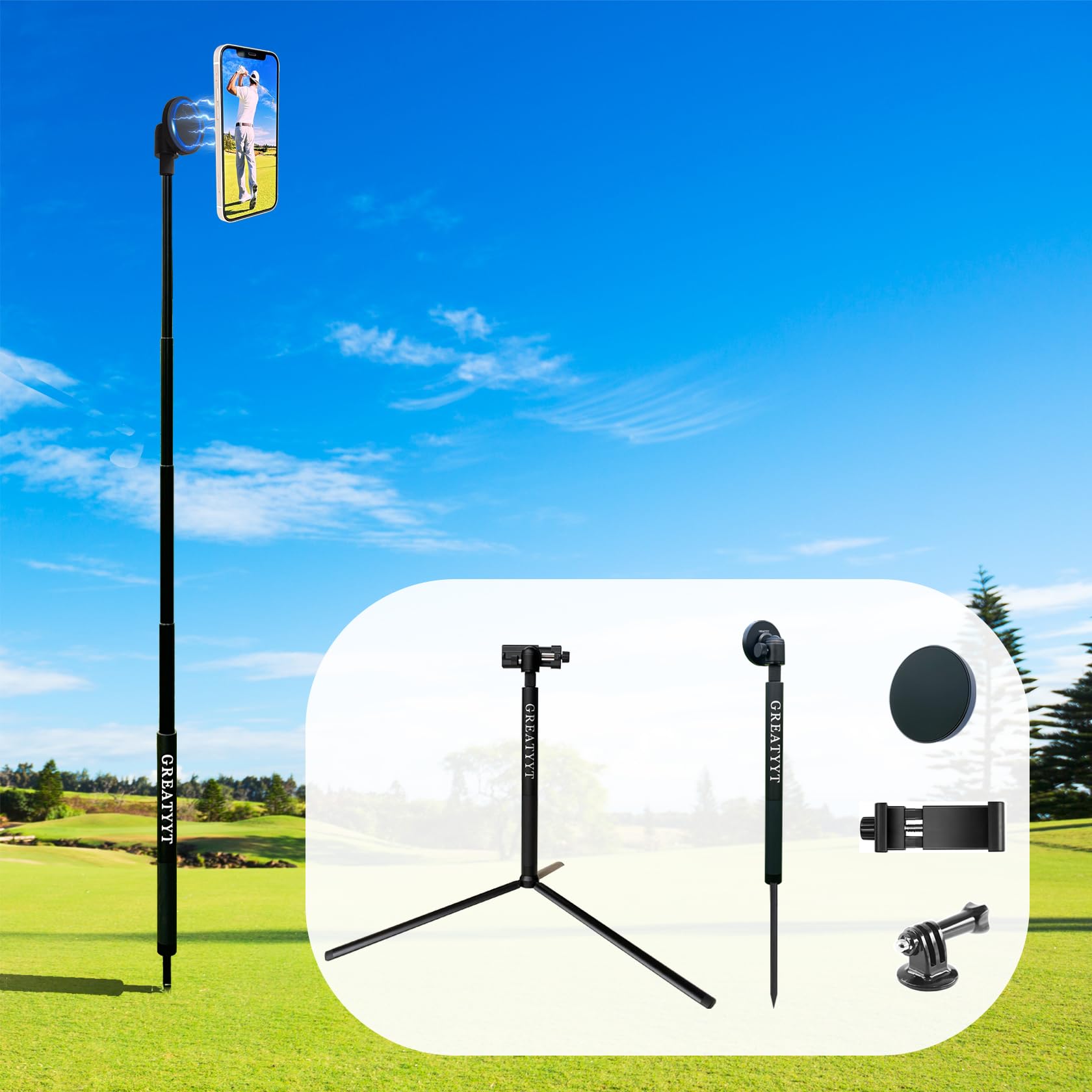 GreatYYT Monopod and Tripod Selfie Stick to Record Golf Swing - Multi Functional Phone Holder with Magnetic and Phone Holder - Golf Training Aid - Compatible with All iPhone Android Phone