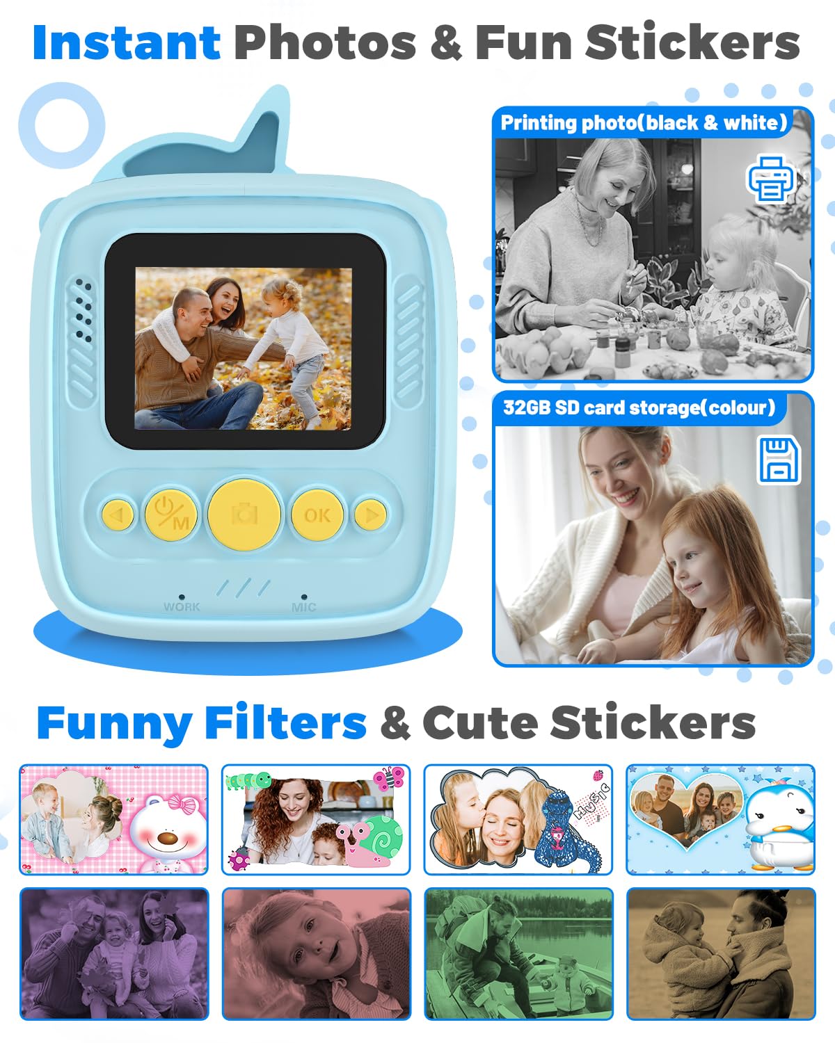 YTETCN Instant Print Camera for Kids 3-12 Years, Kids Camera with 32G SD Card & 300 Photos Paper, 48MP Photo 1080P Video, Christmas Birthday Gifts for Girls Boys Toddler