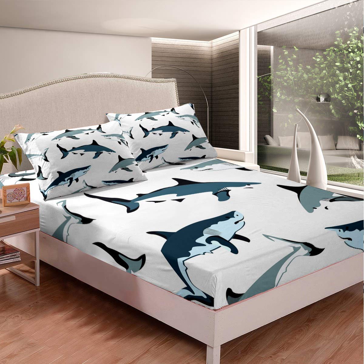 Shark Bedding Set Set Water Blue Shark Bed Sheets for Kids Boys Girls Ocean Marine Theme Bed Sheet Set Cartoon Nature Fitted Sheet Bedroom Collection 3Pcs Double Size
