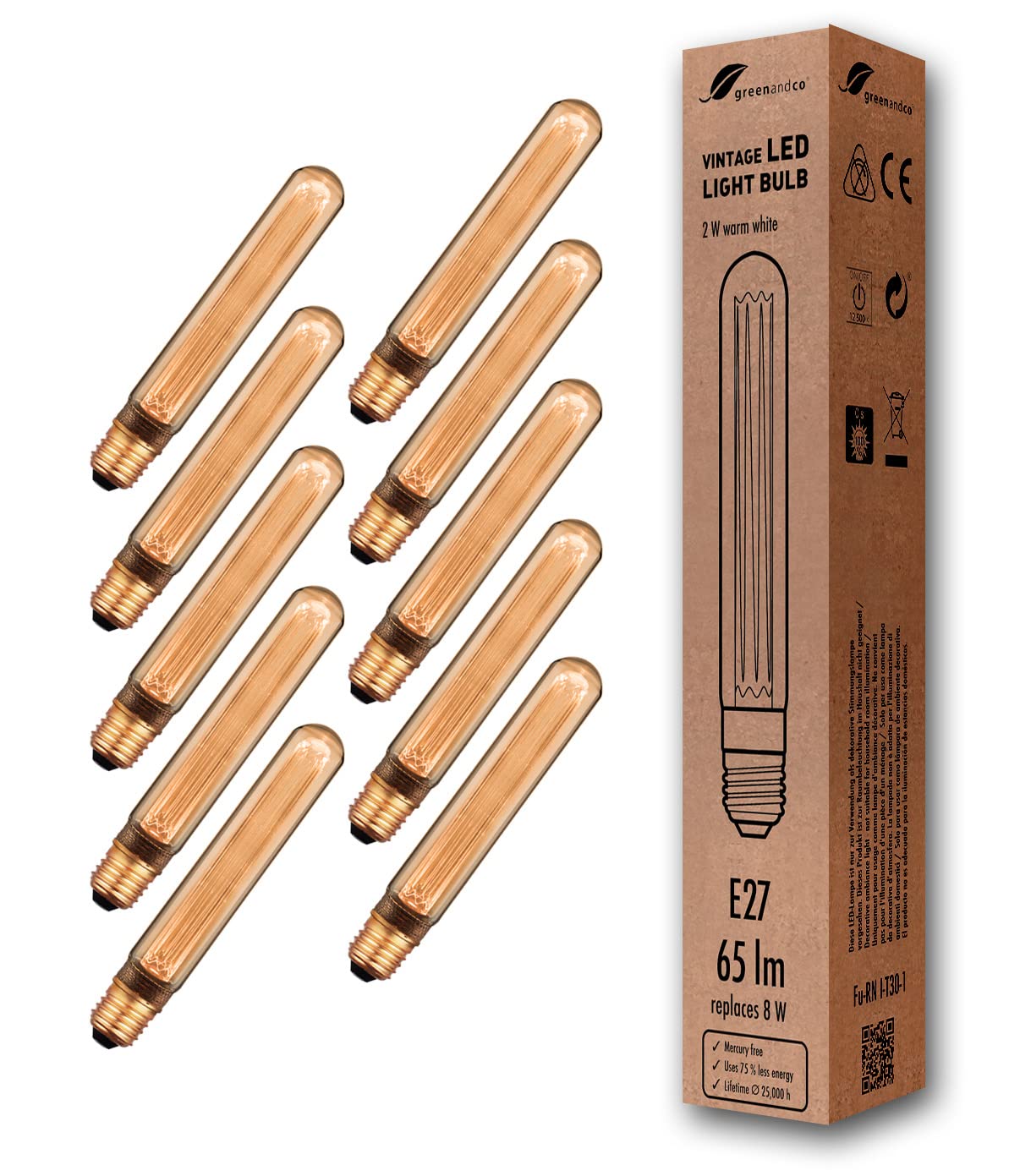 greenandco 10x Decorative LED Vintage Light Bulb | E27 T30 | Amber | 2W 65lm | 1800K Extra Warm White | 320° | 230V | Flicker Free | Not Dimmable