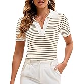 Cioatin Women Short Sleeve Striped Knit Polo Crop Shirt Tops Vintage Collar V Neck Slim Fit T-Shirt Aesthetic Going Out