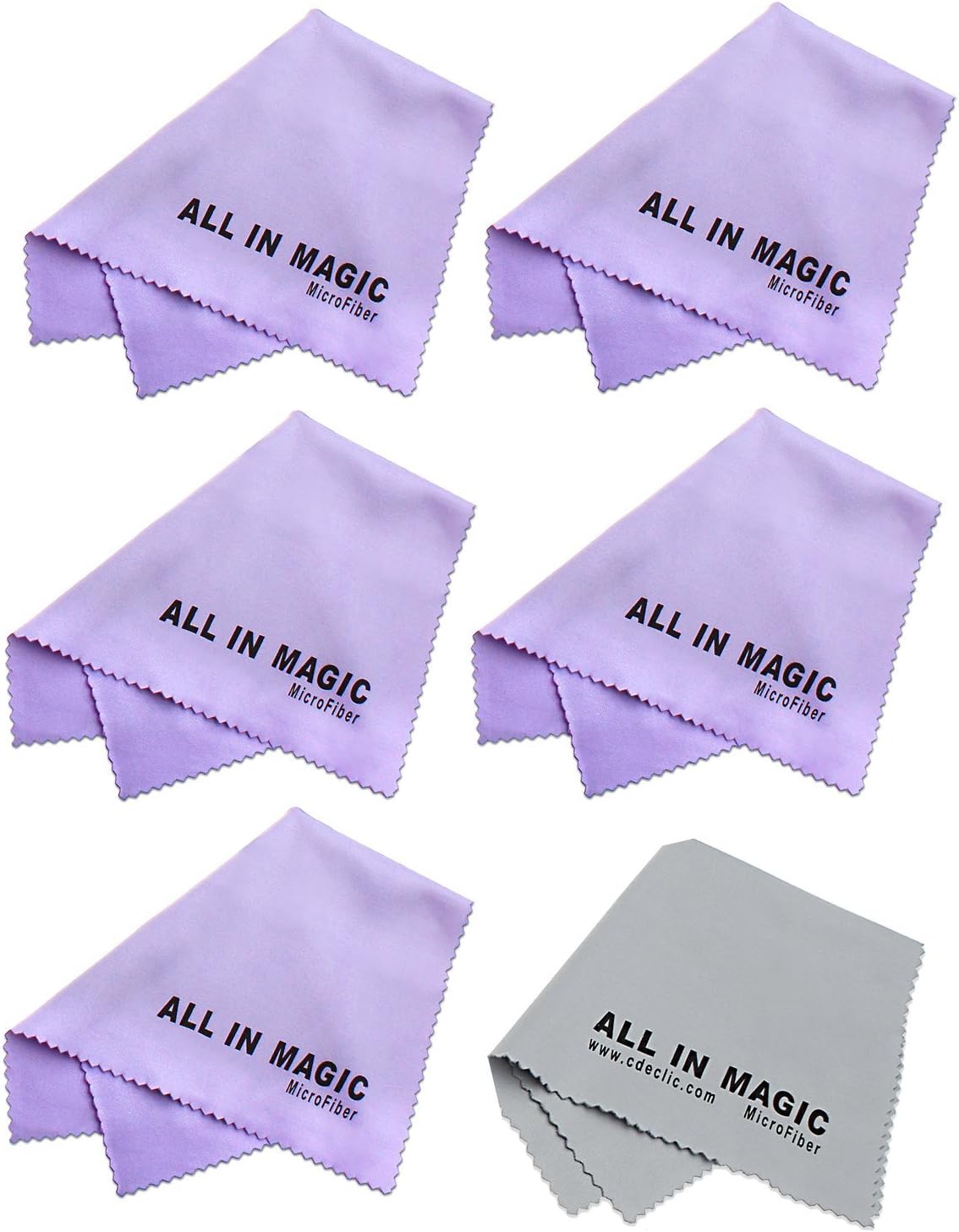 (6 Pack) All In Magic® Premium MicroFiber Cleaning Cloth - For All LCD Screens, Glass Surfaces, Glasses, Tablets, Laptops, TV Screens and All Other Delicate Surfaces (Colour : 5 Purple + 1 Grey - 6 x 7'' / 15x18 cm)