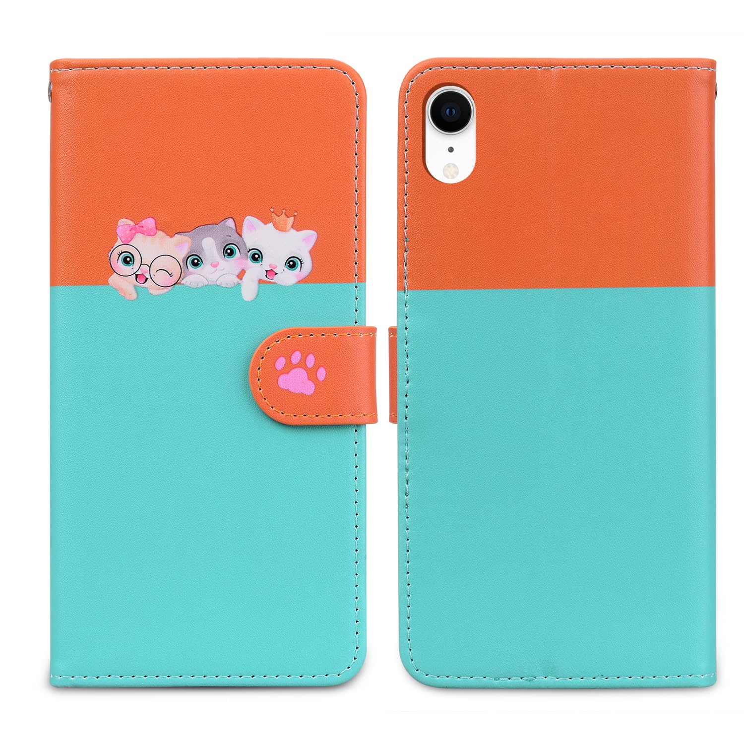 Nbziyoo Phone Case for iPhone XR,Cartoon Cats/Dogs Patterns Flip Wallet Case with Card Slots, Premium Magnetic PU Leather Cover Case for iPhone XR, Light Green