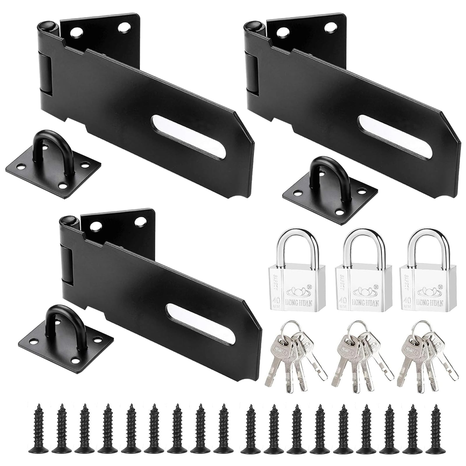 DAJAVE 3 Set Hasp and Staple with Padlock, 4 Inch Hasp & Staple Heavy Duty Padlock Hasp Door Hasp Latch Lock and Clasp Black Shed Lock for Bedroom Garage Window Garden Cabinet Shed