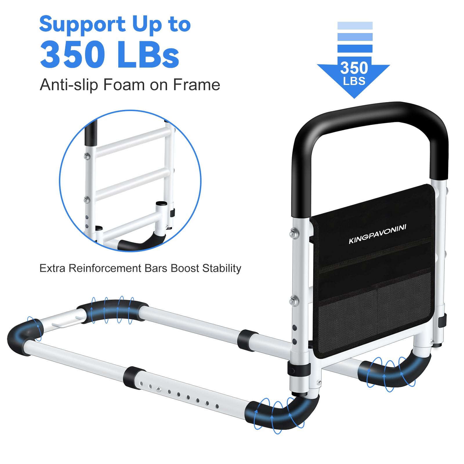 KingPavonini Bed Rails for Elderly Adults Safety - Adjustable Bed Cane with Non-Slip Ergonomic Handle and Storage Pocket, Bed Railings for Seniors Hold up to 350 Lbs, Tool-Free Installation