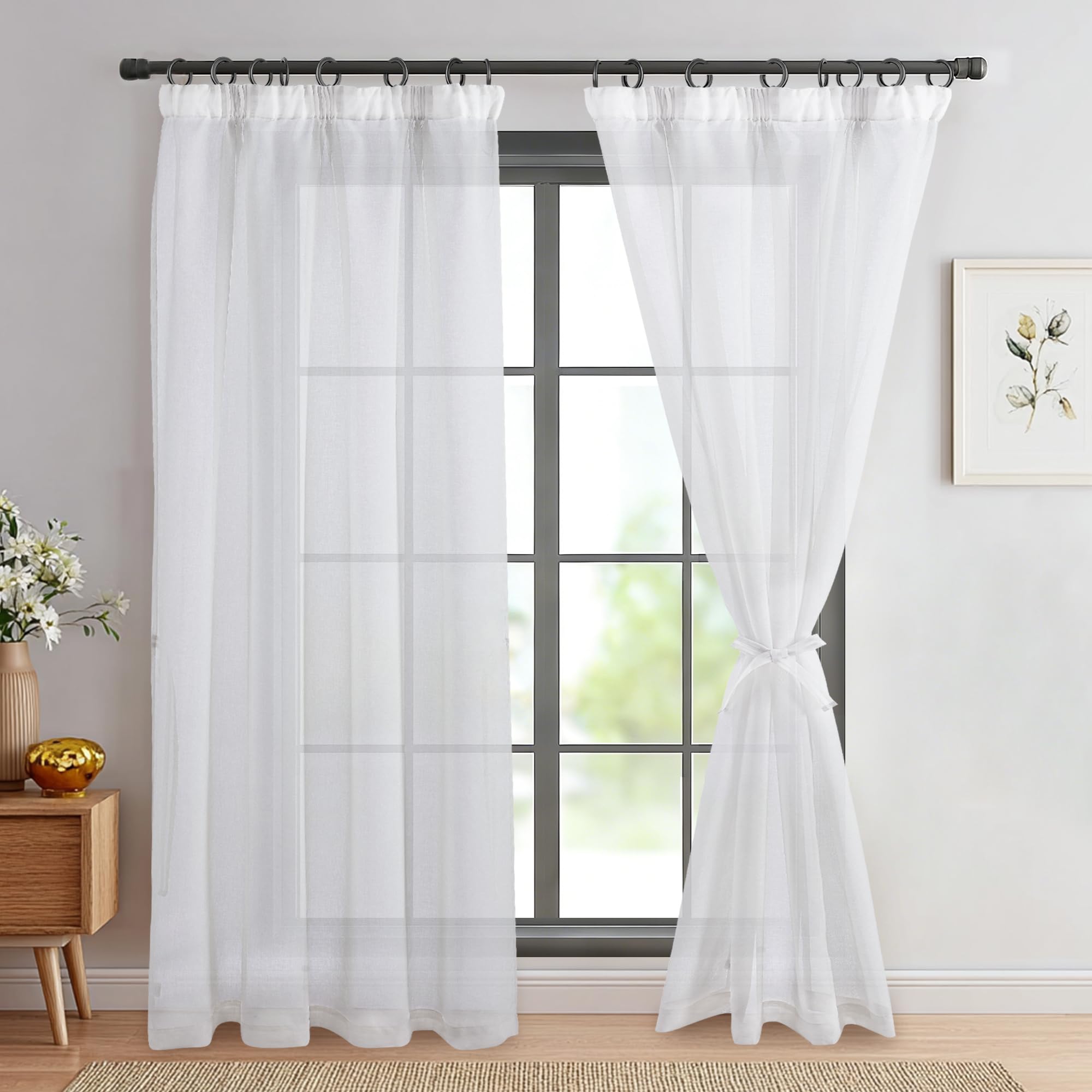 DWCN White Sheer Curtain with Tiebacks Voile Curtains 90 Drop Pair Net Curtains for Windows Pencil Pleat Curtain for Bedroom, 2 Panels, W46 x L90 Inch