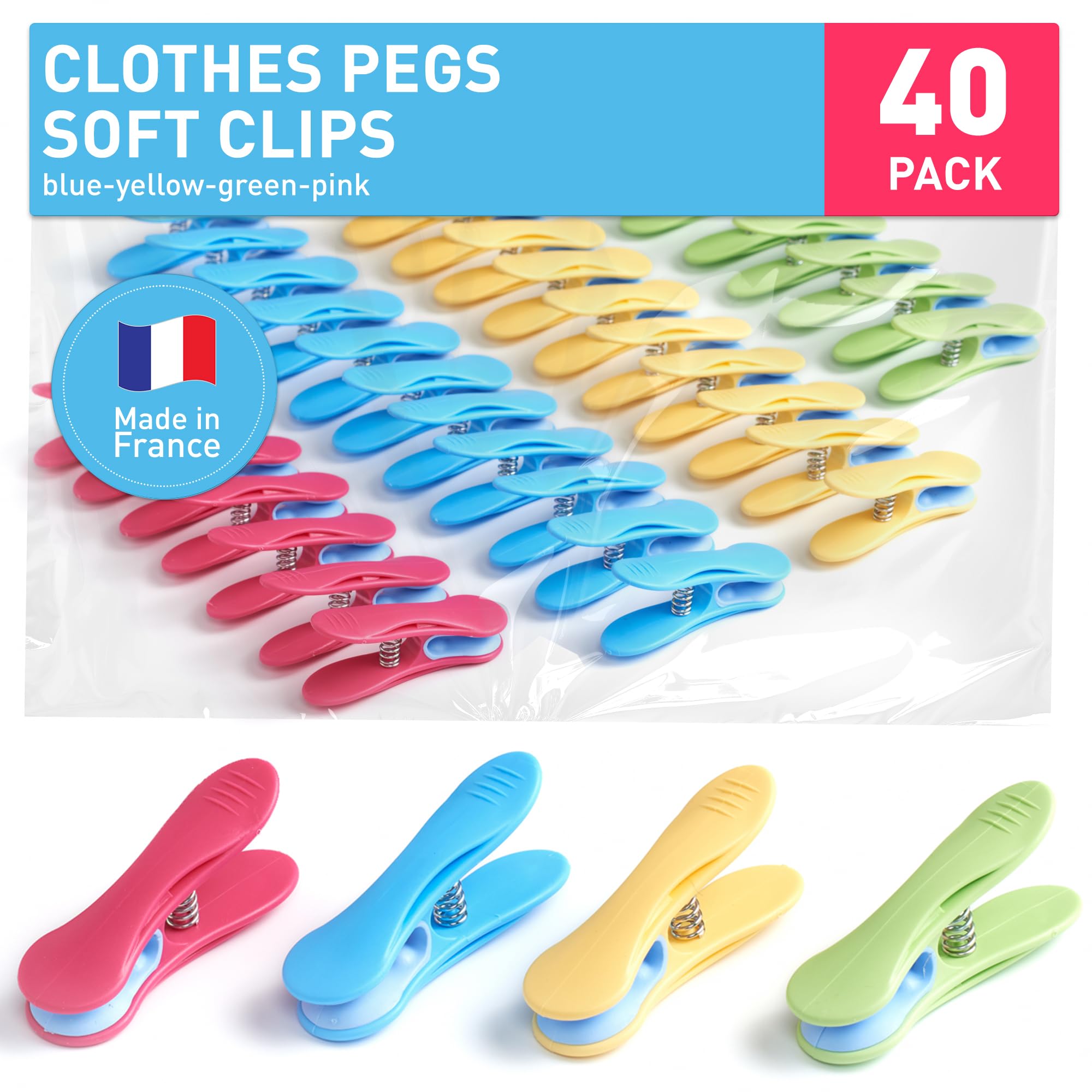 culiclean Clothes Pegs – Strong Soft Grip "Soft Clips" – Durable Plastic Pegs for Indoor & Outdoor Use – Heavy Duty Clothes Clips – 40 Pack – blue-yellow-green-pink