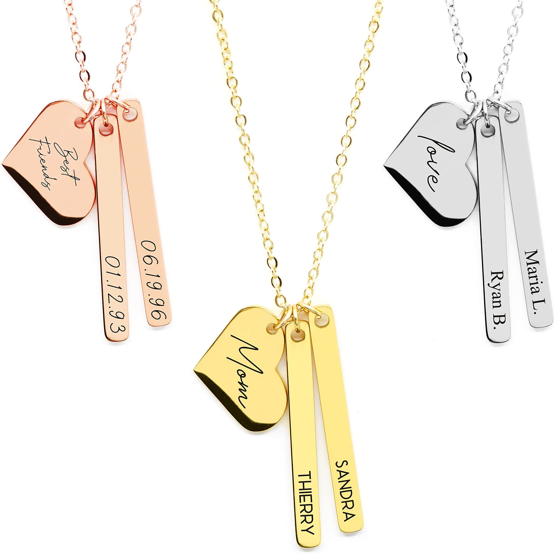 MignonandMignon Personalized Heart and Bar Necklace, Custom Family Name Jewelry for Mom, Gift for Women, Name Necklace – H6N