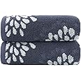 Pidada Hand Towels Set of 2 Hydrangea Floral Pattern 100% Cotton Absorbent Soft Decorative Towel for Bathroom 13.4 x 29.5 Inch (Denim Blue)