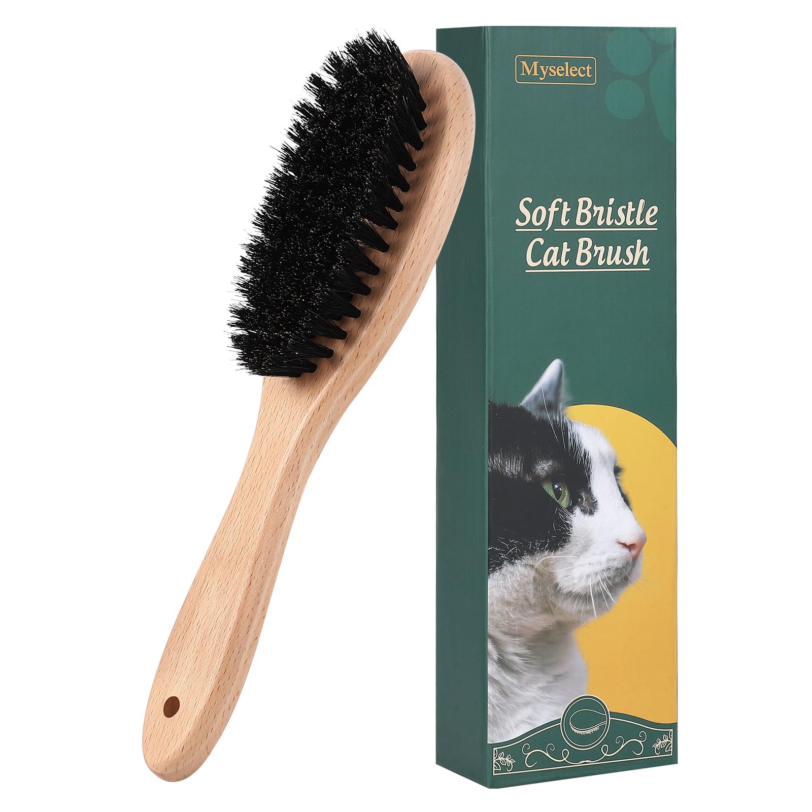 Boar Bristle Cat Brush with Wooden Handle, Soft and Gentle, Reduce