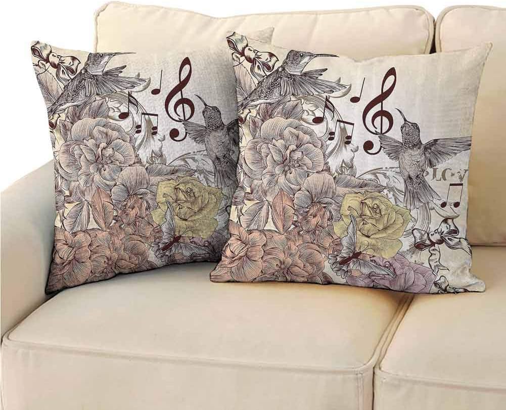 Hummingbirds Decorations Collection Pillowcase Indoor, Fashion Flourishes and Birds Butterfly Rose Blossoms Leaves Nostalgia Image for Sofa Bedroom Car (2 PCS, 18x18 Inch) Ivory Brown