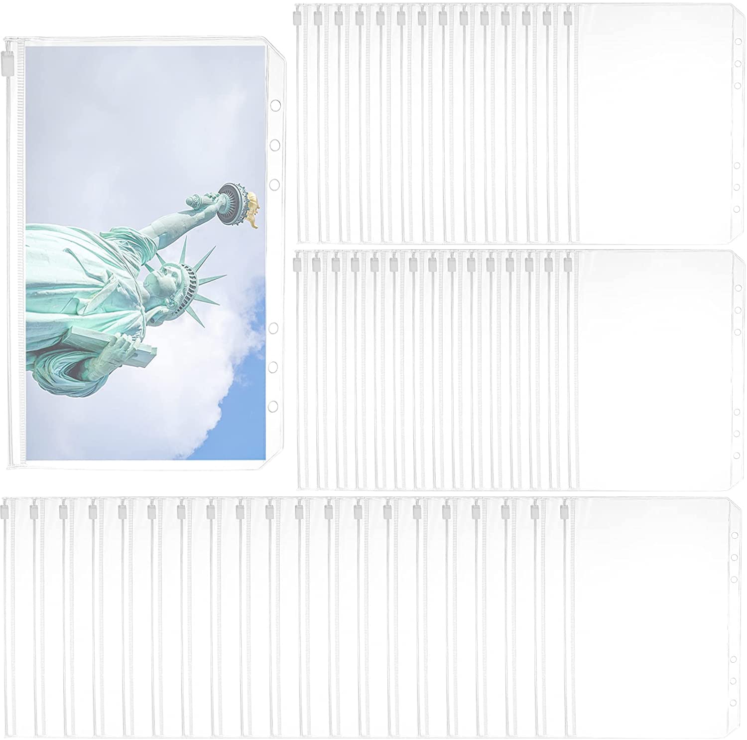 WUWEOT 50 Pack A5 Binder Pockets, 6 Holes Zipper Binder Pouch Folders, Clear PVC 6-Ring Binder Bags, Waterproof Loose Leaf Bags Cash Budget Envelopes for A5 Notebook Binder Planners