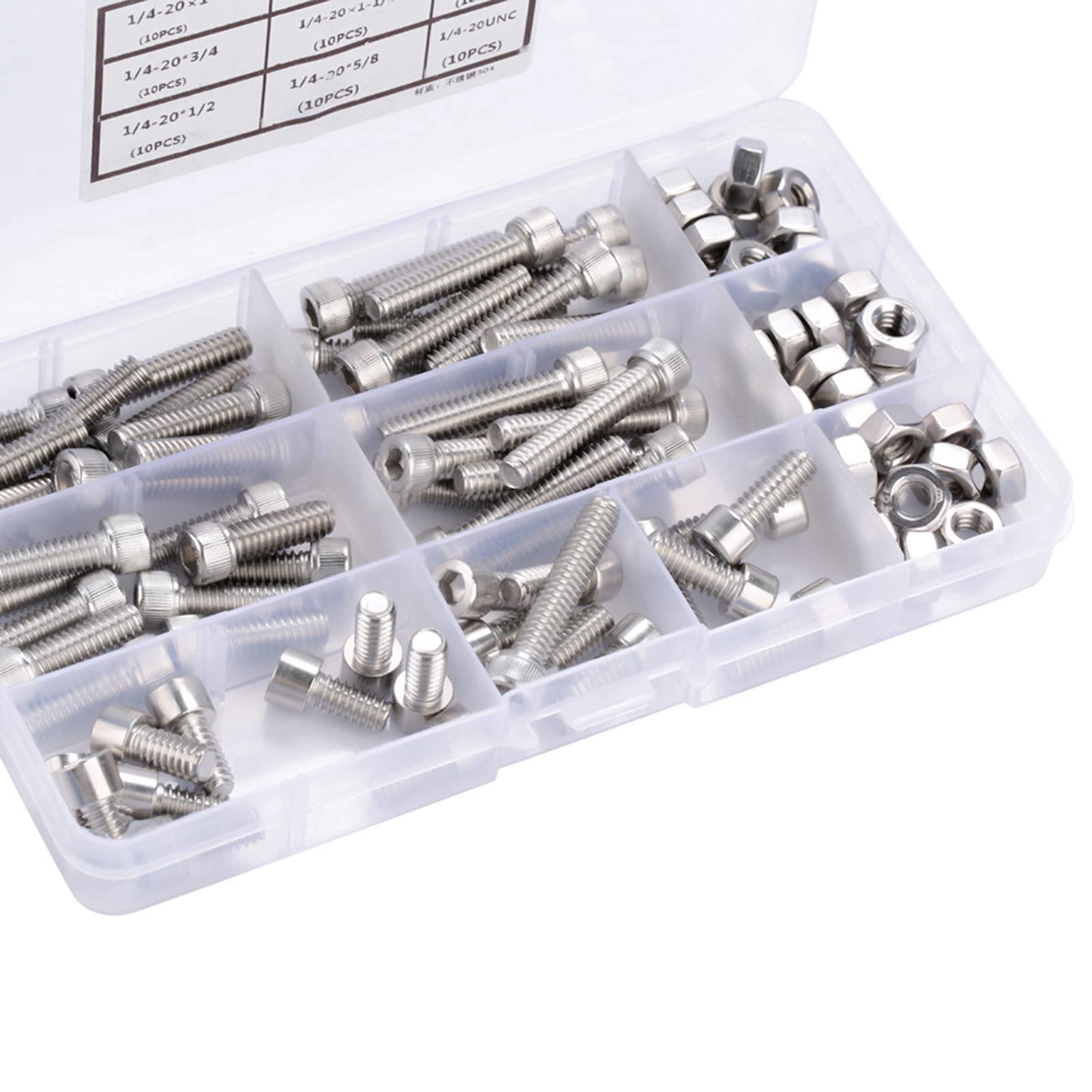 90pcs UNC Stainless Steel Hex Socket Cap Head Machine Screws Precise Bolts & Nuts Assortment Kit 1/4-20| Multiple Sizes
