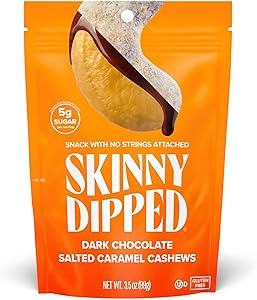 SkinnyDipped Dark Chocolate Salted Caramel Cashews, Healthy Snack, Plant Protein, Gluten Free, 3.5 oz Resealable Bags, Pack o