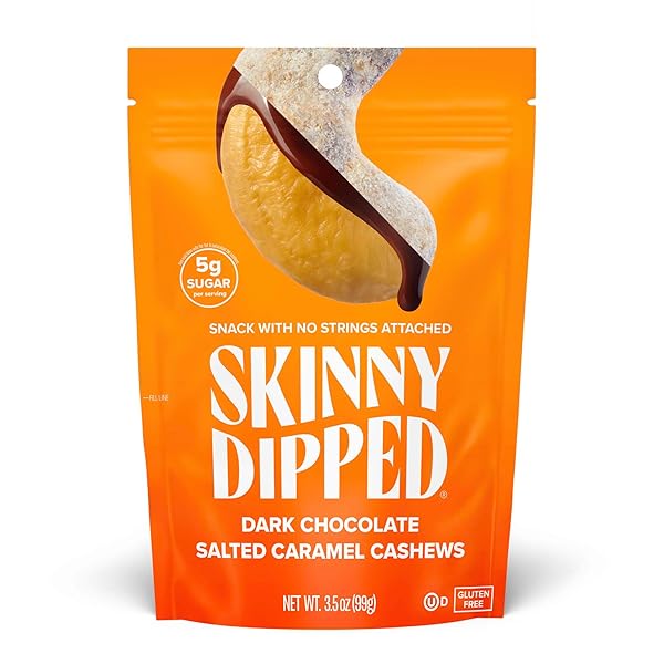 SKINNYDIPPED DARK CHOCOLATE SALTED CARAMEL CASHEWS, HEALTHY SNACK, PLANT PROTEIN, GLUTEN FREE, 3.5 OZ RESEALABLE BAGS, PACK OF 1