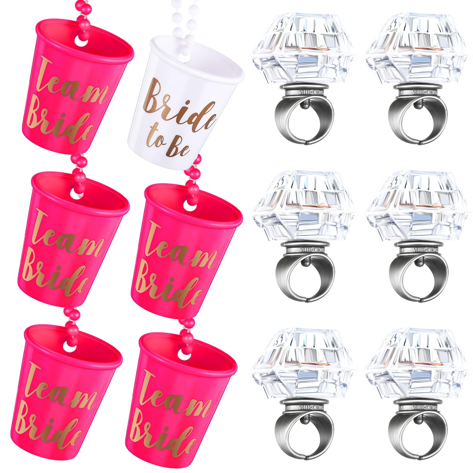 Photo 1 of 12 Pieces Bachelorette Party Supplies, Shot Glass Necklace and Light up Diamond Rings, Team Bride Necklace with Gold Foil for Bachelor Wedding Party and Bridal Shower Decorations