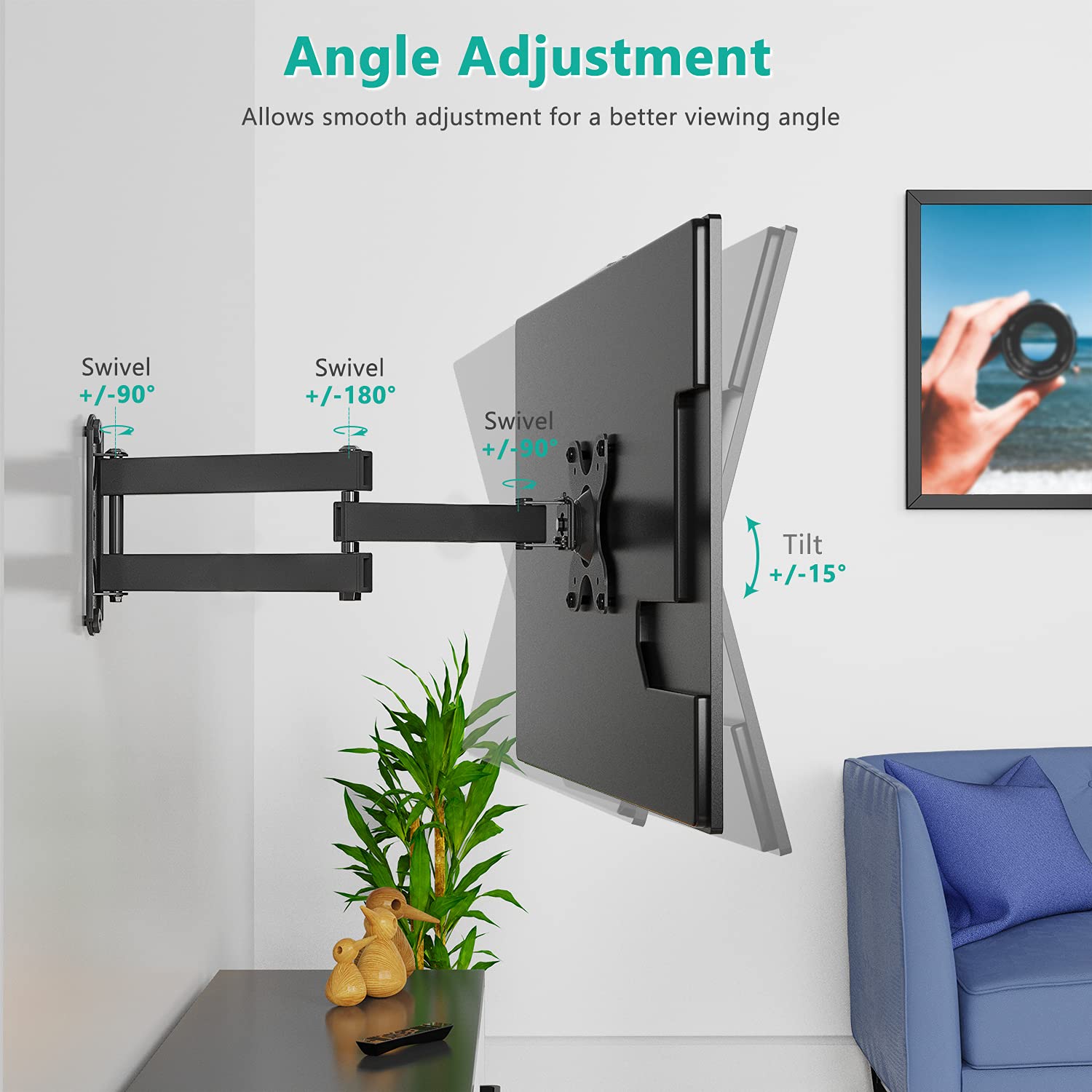 WALI TV Wall Mount Articulating LCD Monitor Full Motion 15 inch Extension Arm Tilt Swivel for Most 13 to 32 inch LED TV Flat Panel Screen with Mounting Holes up to 100x100mm (1330LM), Black