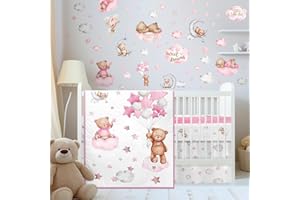 Mixweer 5 Pcs Crib Bedding Set for Toddlers Include Cloud Balloon Bear Theme Crib Sheets, Skirt, Comforter, Pad Cover, Wall Stickers for Boys or Girls Nursery Bedding Sets(Pink)