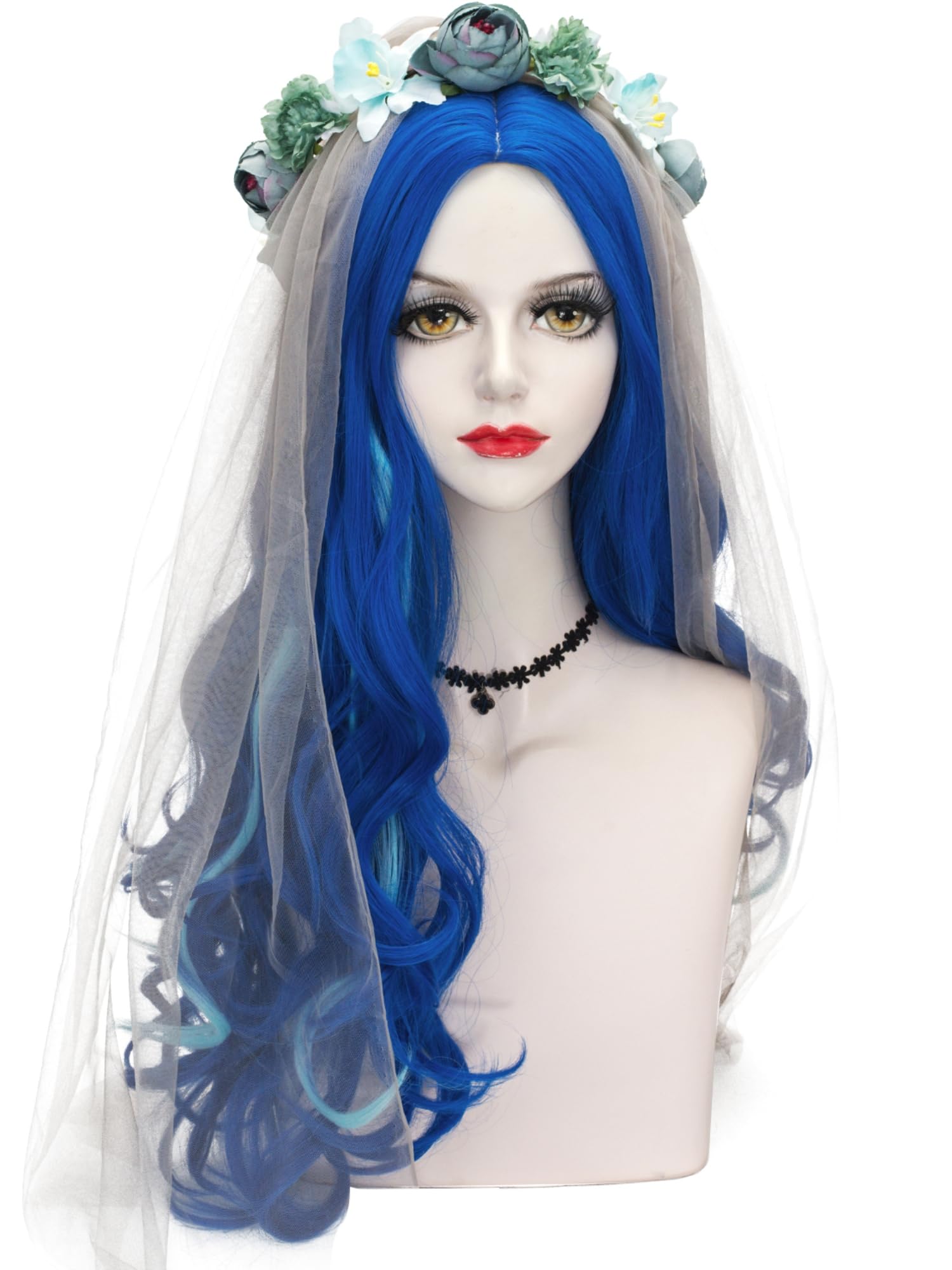 Photo 1 of Corpse Cosplay Bride Costume Wig 29'' Long Curly Dark Blue Wave Wigs + Veil + Flower Crown + Wig Cap for Women Halloween Party