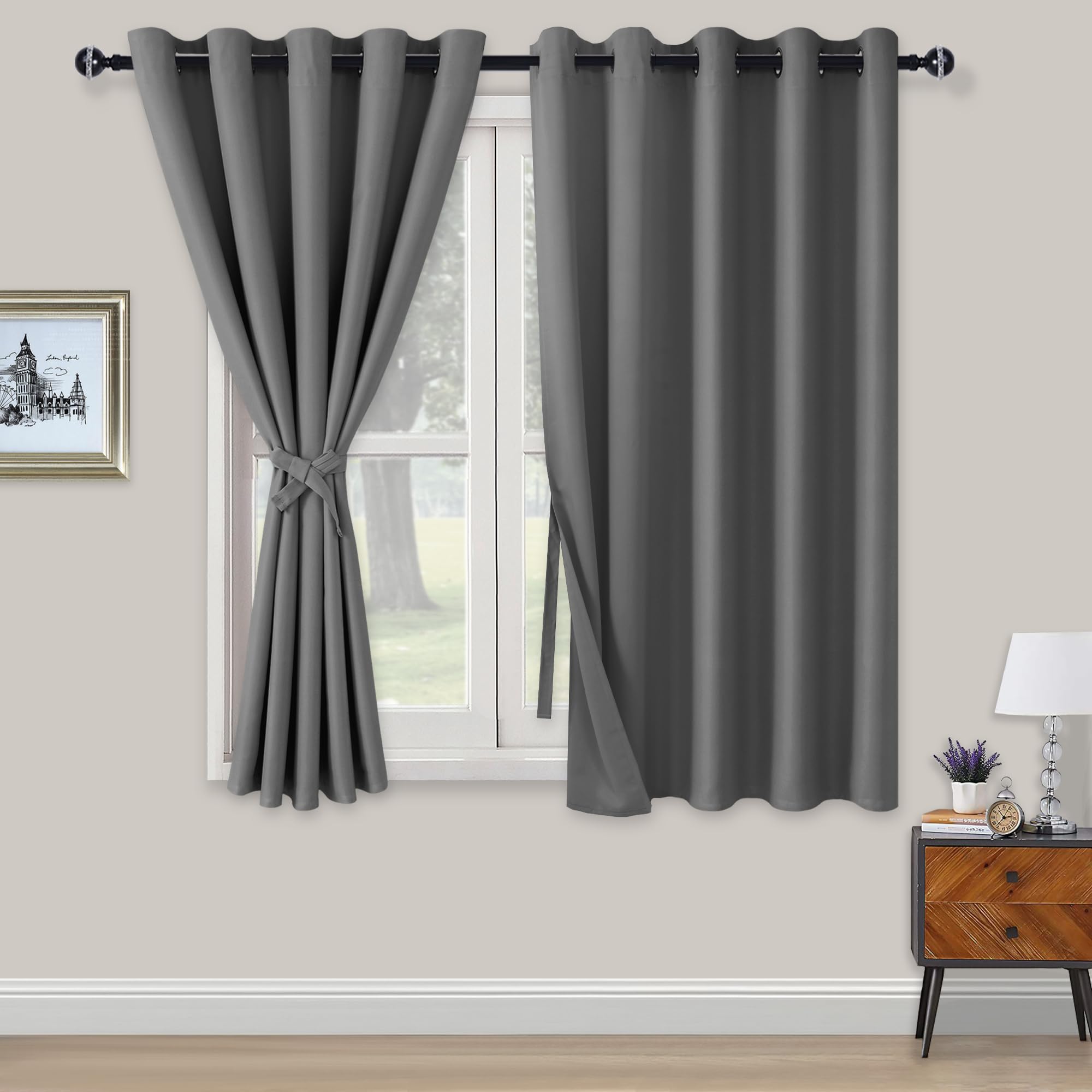 XWZO Blackout Curtains Shades Window Curtain Panels with Tiebacks- Noise Reduction and Thermal Insulated Eyelet Curtains for Bedroom,Living Room,Office,Study Room Grey W66xL54