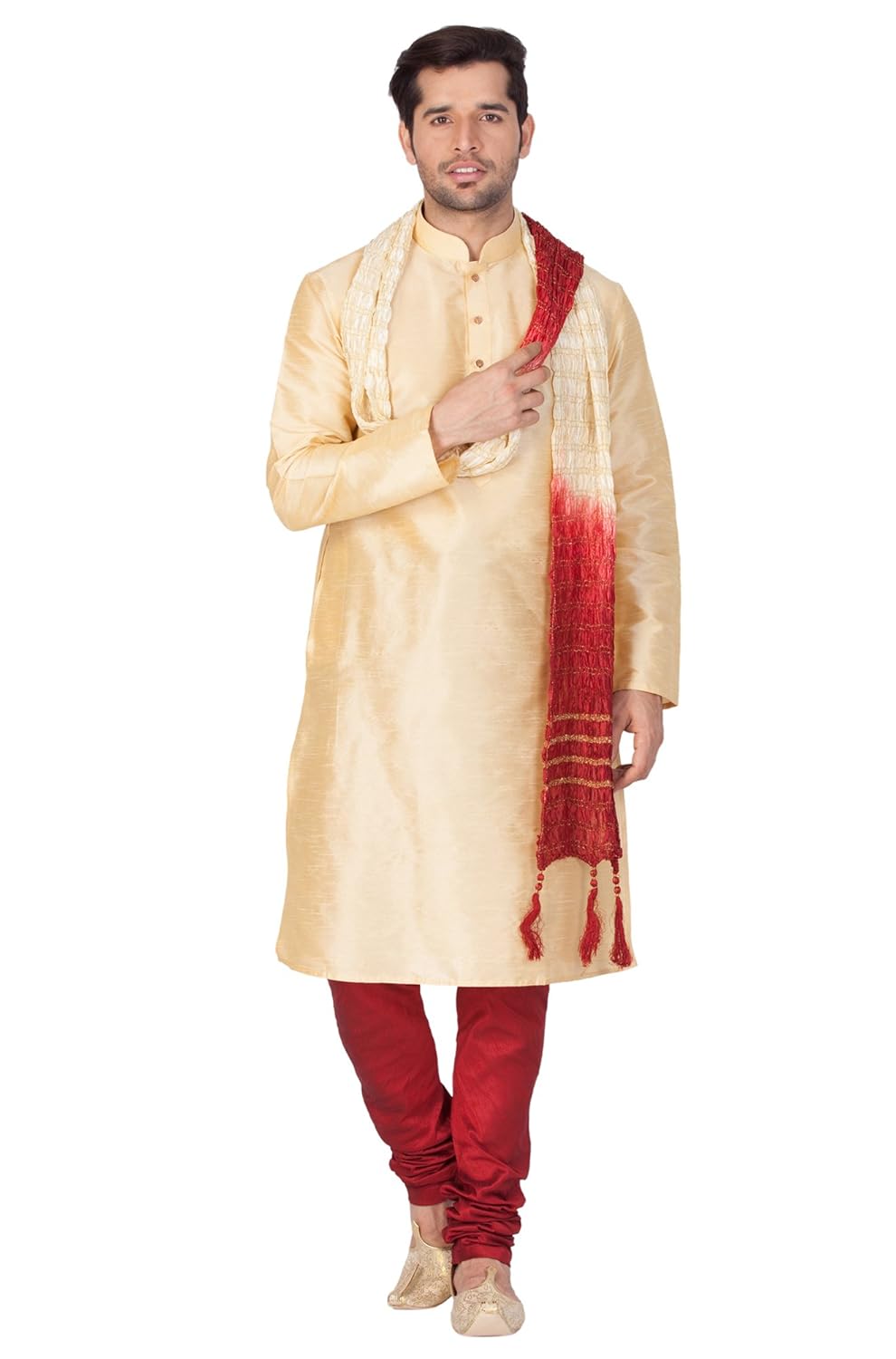 vastramay mens cotton silk kurta, pyjama & dupatta set (gold_vasmkgo001npmand)