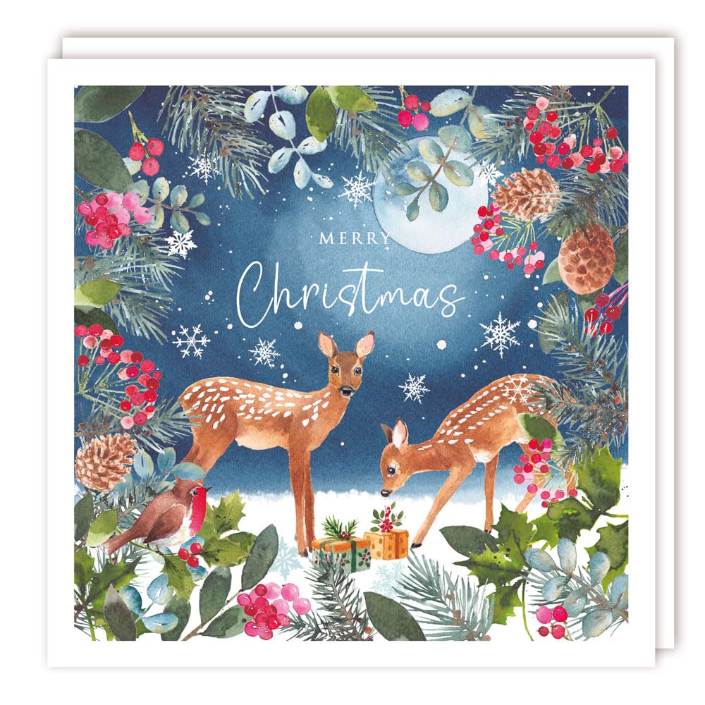 Magical Forest Family of Deer on Christmas Eve -Rainbow Trust Charity Christmas Large Square Pack of 10 Cards (Festive Deer)