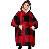 KFUBUO Wearable Blanket Hoodie for Adults Sherpa All Patterns Oversized Sweatshirt Blanket with Pockets for Women Red Plaid