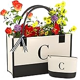 OATALY Monogrammed Canvas Tote Bag with Zipper Pockets - Ideal Gift for Mom, Teacher, Sister