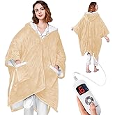 Yokimisu Wearable Heated Blanket - Cozy Gift for Women, Mom, Men| Reversible Flannel & Sherpa Electric Wrap with Pockets & Hood, 6 Heat Levels, 1-4H Timer, ETL Safe, Machine Wash, 50"x70" Beige