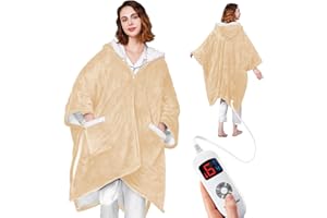 Yokimisu Wearable Heated Blanket - Cozy Gift for Women, Mom, Men| Reversible Flannel & Sherpa Electric Wrap with Pockets & Hood, 6 Heat Levels, 1-4H Timer, ETL Safe, Machine Wash, 50"x70" Beige