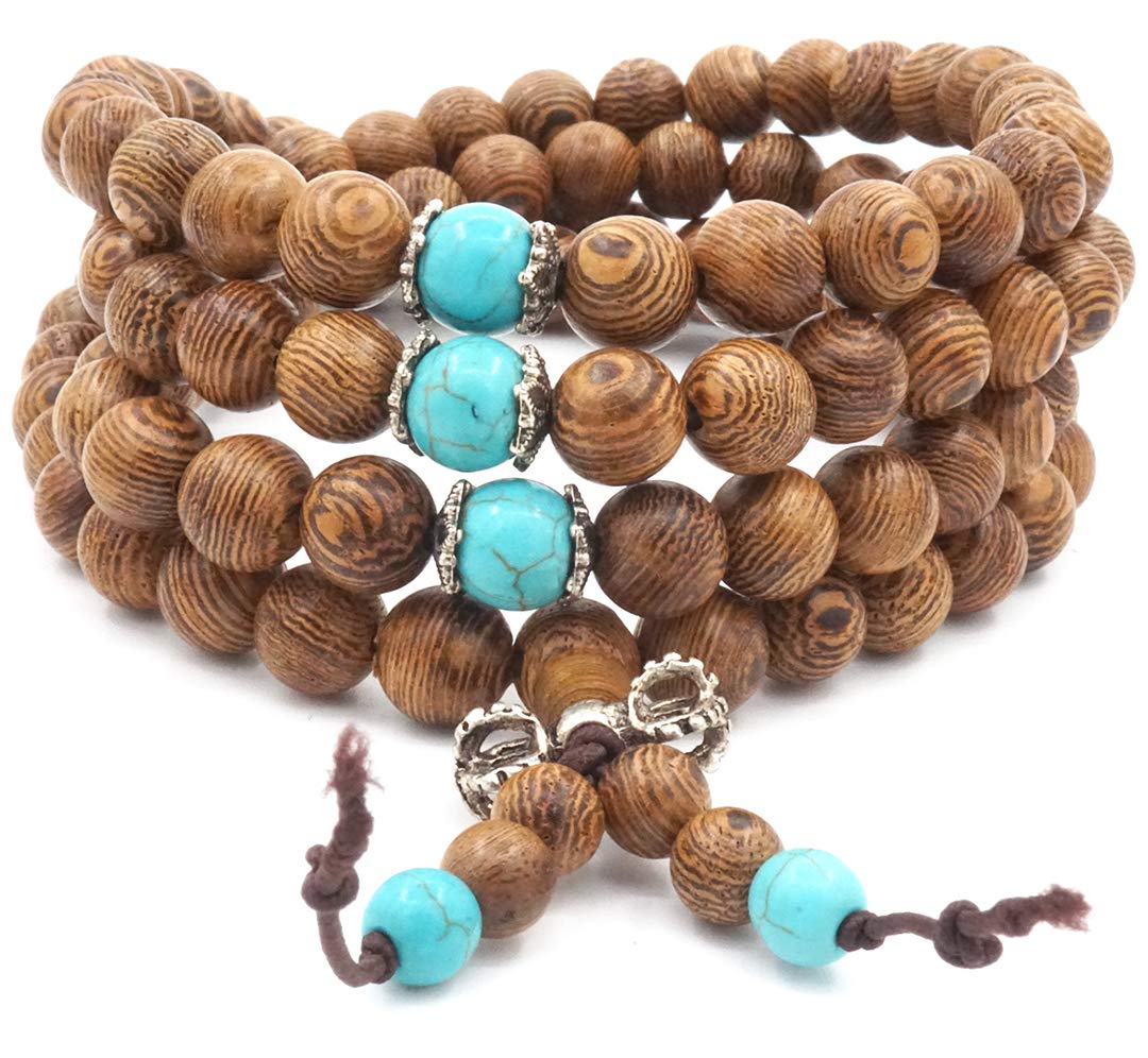 Thajaling 8MM 108 Prayer Wood Beads Mala Zen Bracelet Turquoise Necklace for Man Woman