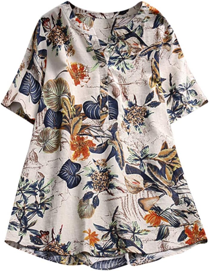 Willow S Womens Fashion Elegant Button Casual Plus Size Linen Tops Shirt Vintage Floral Loose Blouse
