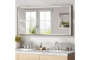 QueenFun 48 x 24 Brushed Nickel Bathroom Mirror, Beveled Framed Bathroom Mirror Brushed Nickel, Shatterproof Brushed Nickel Frame Rectangle Mirror, Anti-Rust Vertical/Horizontal Wall-Mounted Mirrors