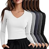 Oakgarden 5 Pack Women's Long Sleeve Under Scrubs V Neck Fitted Undershirts Basic Layering Tops for Nurse