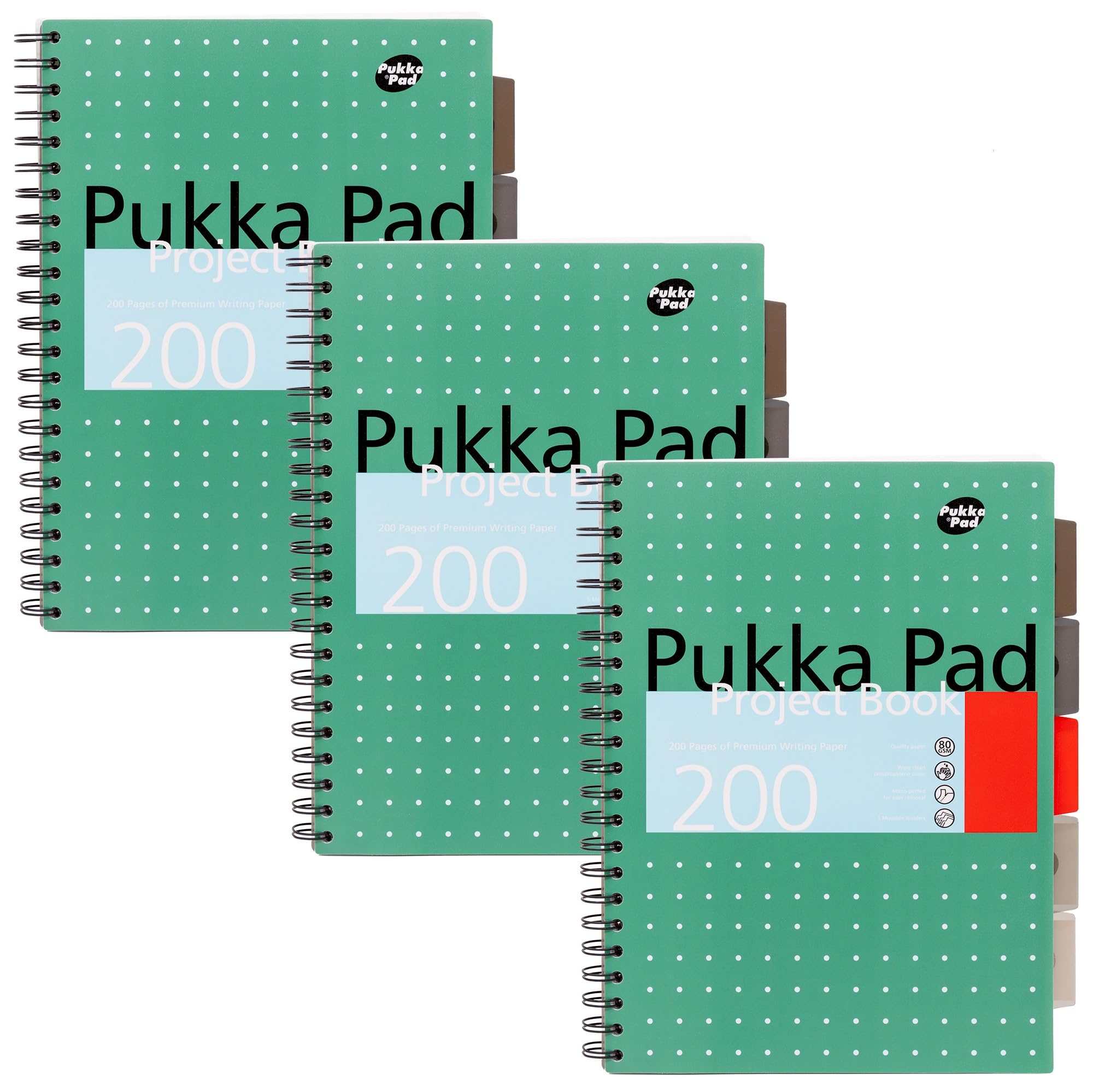 Pukka Pad, 5-Subject A4+ Project Book 3-Pack with Repositionable Dividers - 200 Pages of 80GSM Paper with 8mm Lines and Perforated Edges - Metallic Green – 29.7 x 23cm
