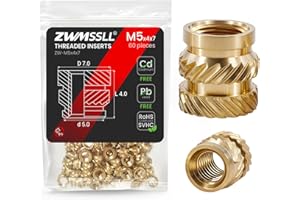 ZWMSSLL Heat-Set Threaded Inserts, M5x4x7mm Heat Set Insert for 3D Printing Components and Plastic Parts(60Pieces),Brass Metric Knurled Nuts