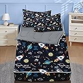 Nesker Zipper Bedding Twin Space Moon Universe Zip Up Bedding Set for Boys and Kids, Rockets Planets Stars 3 Pcs Comforter Bed in a Bag with Fitted Sheet and 2 Pcs Pillowcases