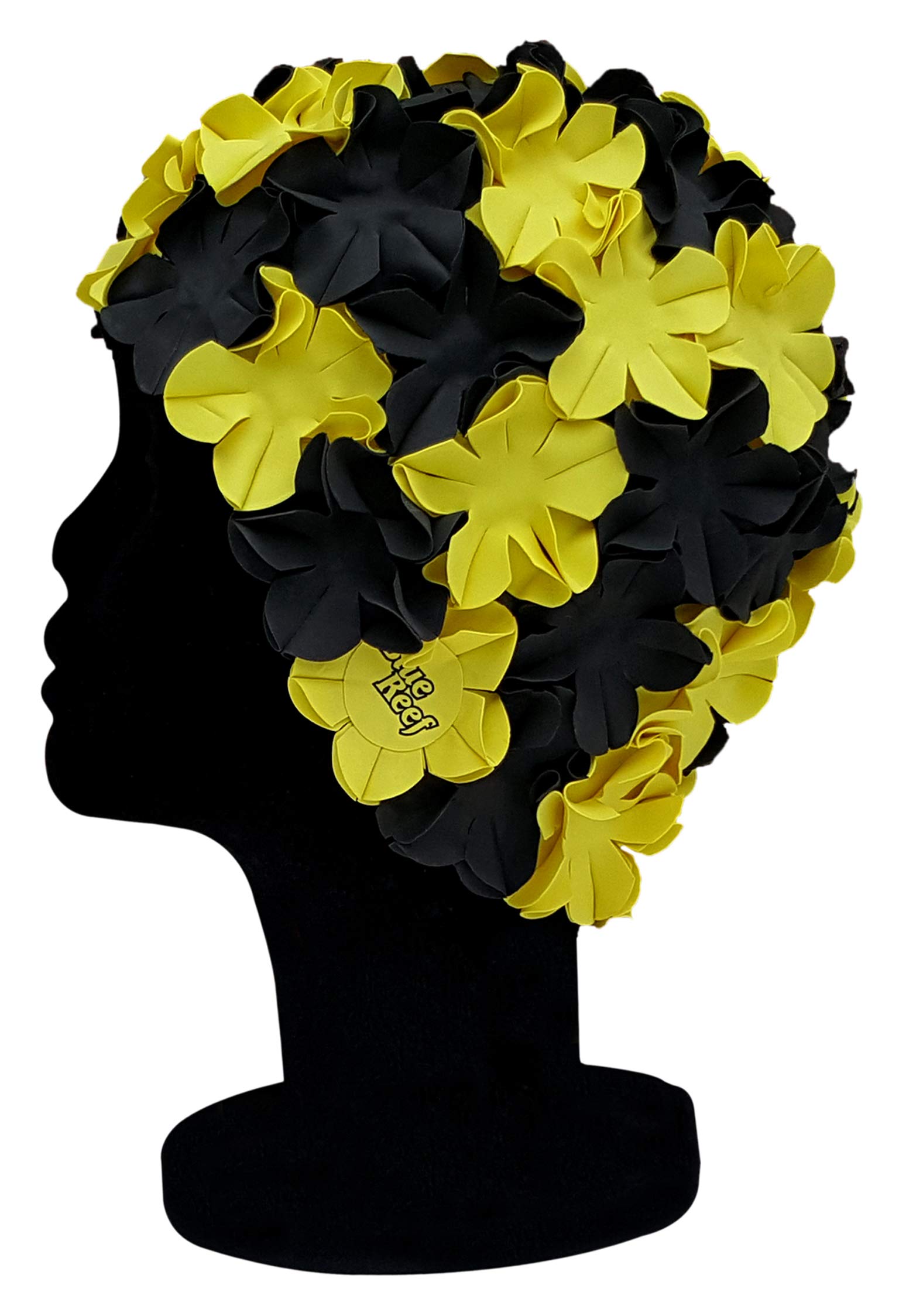 Blue Reef Isla Floral Ladies Classic Retro 3D Flower Petal 2 Colour Stylish Vintage Swimming Hat Swim Cap One Size Adults (Yellow/Black)