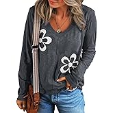 Acelitt Womens Casual Fall Long Sleeve V Neck Floral Tshirts Tops,S-XXL