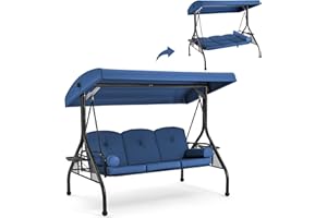 GYUTEI 3-Seat Outdoor Patio Swing Chair,Porch Swing Chair with Adjustable Backrest and Canopy,Outdoor Porch Swing Glider Chair,w/Cushions,Pillows and Cup Holders for Porch, Backyard(Blue)