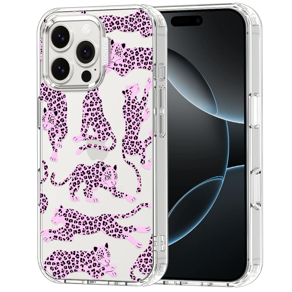 MOSNOVO Case for iPhone 16 Pro Max, [Buffertech 6.6ft Military-Grade Drop Protection] [Anti Peel Off Tech] Clear TPU Bumper Phone Case Cover Design - Pink Leopard