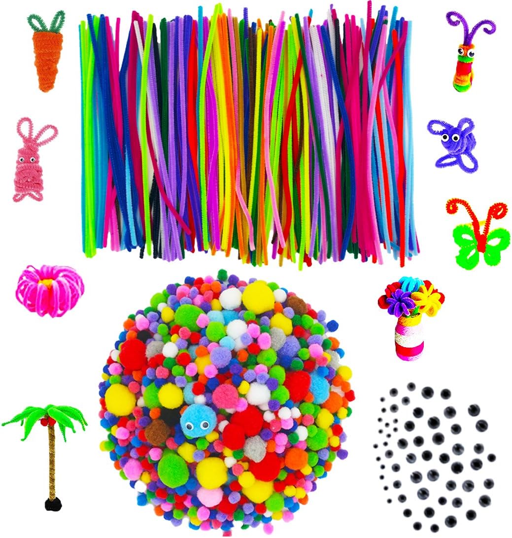 1460 Pieces Pom Poms Pipe Cleaners Set, Including 1300 Pcs Pompoms, 100 Pcs 20 Colors Chenille Stems and 60 Pcs 4 Size Wiggle Googly Eyes for Craft DIY Art Supplies