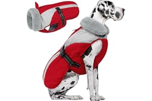 Queenmore XXL Dog Jacket, Winter Coat for Large Dogs, Extra Warm Padding Fleece Puffy Coat Waterproof Snow Parka Jacket for German Shepherd Golden Retriever, Red/Grey