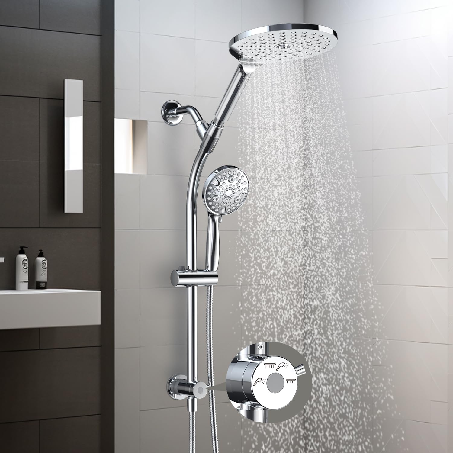 Photo 1 of 7.5" Rotatable Dual Shower Head with Handheld Combo, Kids Friendly Low 3-Way Diverter, Adjustable Slide Bar for Whole Family Use, Enjoy High Pressure Rainfall Spa Shower, Polished Chrome Finish