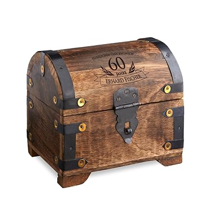 Casa Vivente Schatztruhe mit Gravur – Zum 60. Geburtstag – Personalisiert mit Namen – Aufbewahrungsbox aus dunklem Holz – Ver