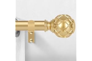 HTZON Gold Curtain Rods for Windows:Farmhouse Boho Decorative Curtain Rod for Living Room Bedroom,Heavy Duty Adjustable Rustic Drapery Rods Set with Vintage Coastal Texture Finials,Brass Gold 36-88"