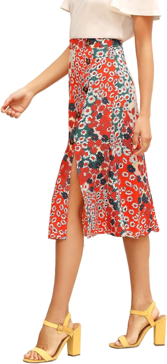Floerns Women's Boho Floral High Waist Split A Line Midi Skirt at  Women’s Clothing store