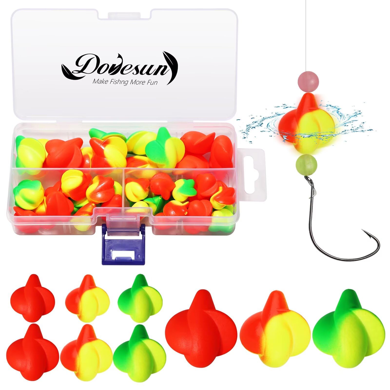Dovesun Foam Floats Pompano Rigs Fishing Rig Floats Fly Fishing Floats Bright Color Round Bullet Cylindrical Spin with Tackle Box 42pcs