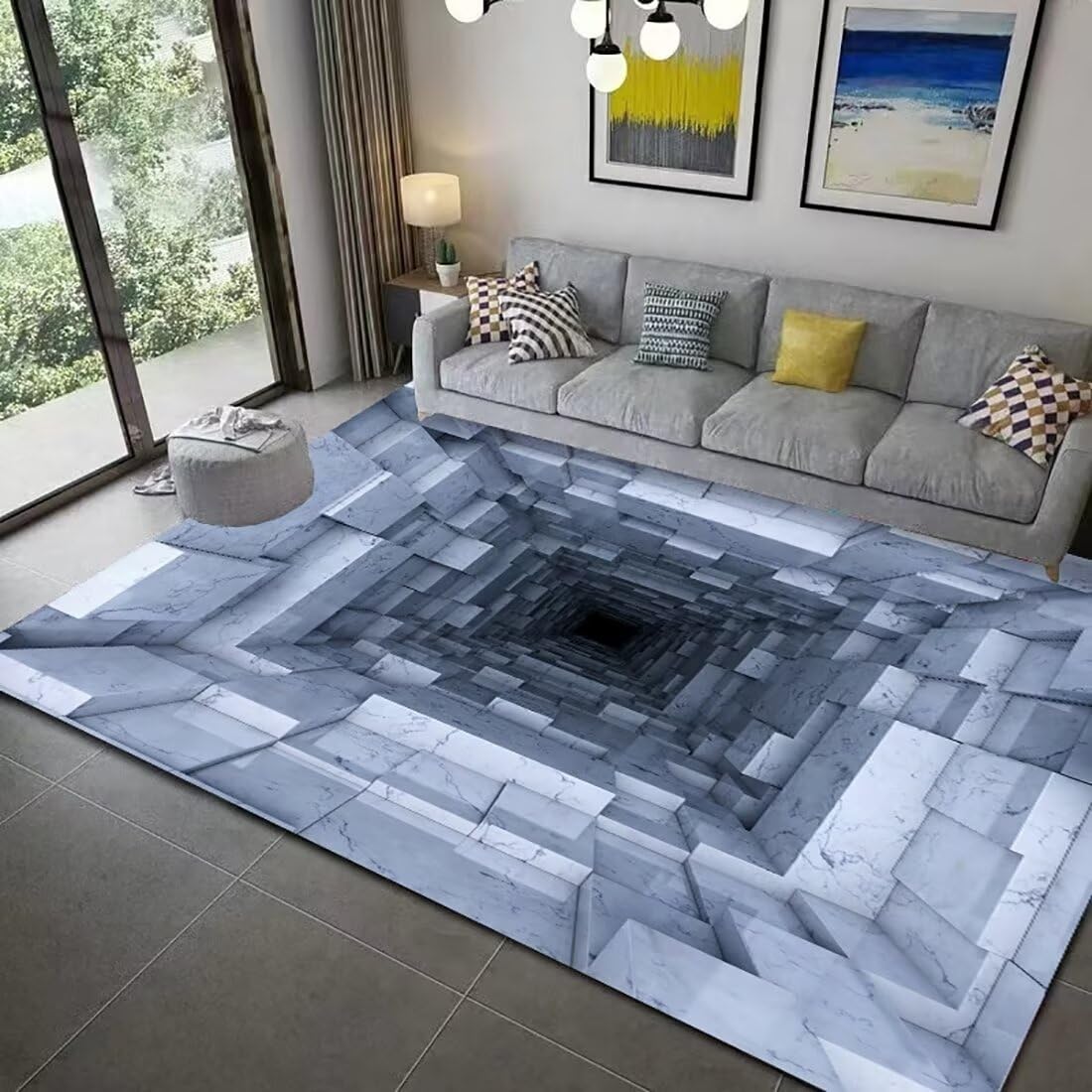 Photo 1 of Qkjtyt Marble Brick Bottomless Hole Area Rug for Kids Bedroom Playroom 3D Trap Optical Visual Illusion Rugs Low Pile Living Room Floor Mat Carpet,5X8Ft