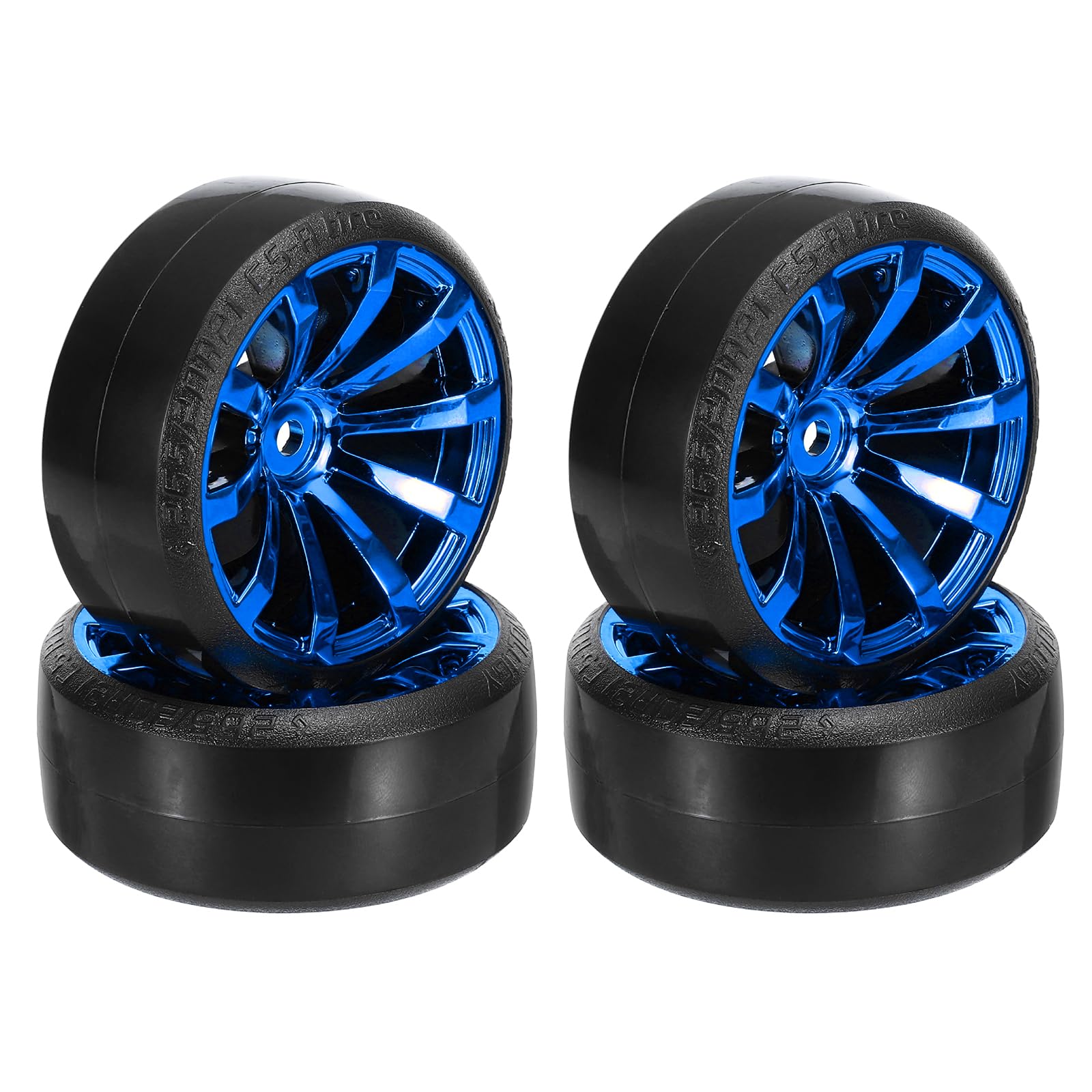 sourcing map 4Pcs 1/10 Drift Car Tires 10-Spoke RC Hub Wheel Rims with Plastic Tires Hard Tyre Replacement for On-Road Drifting Vehicles, Bright Blue